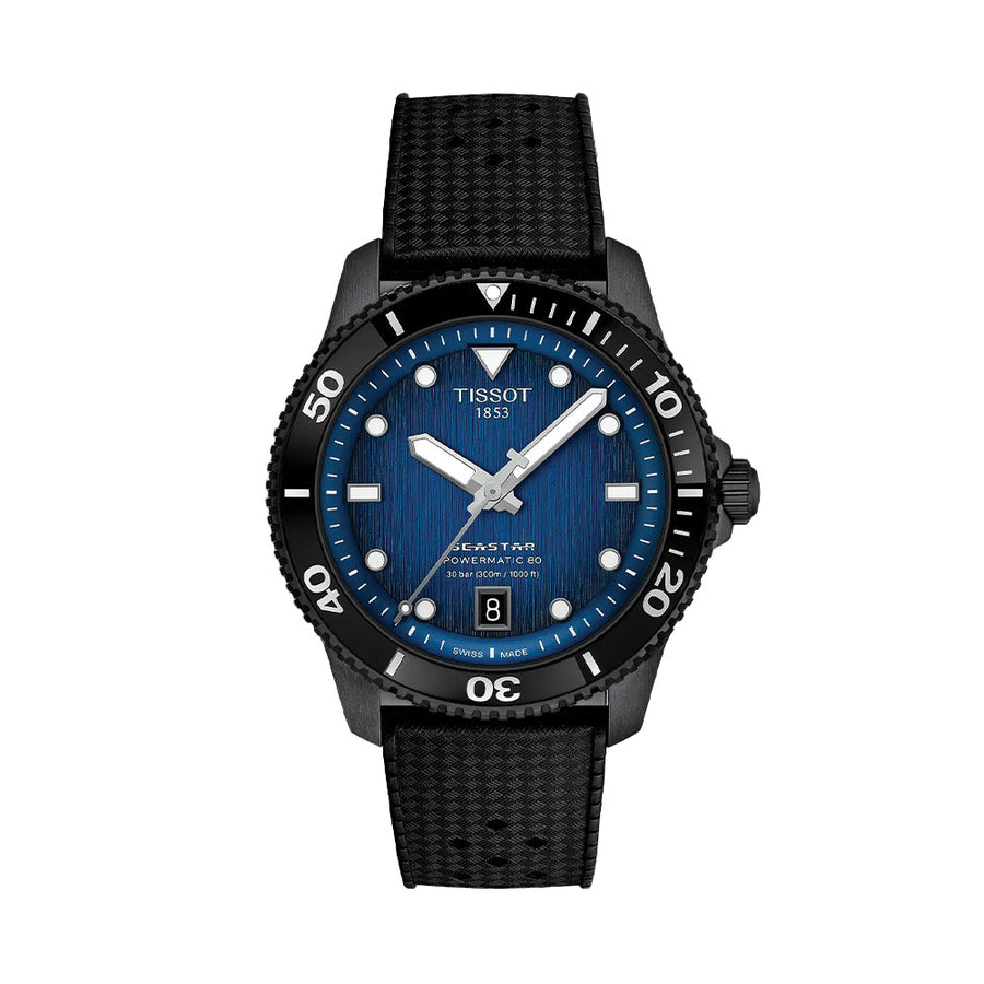 Tissot Seastar 1000 Powermatic 80 Black PVD 40mm - Blue on Rubber Strap T1208073704100 - front view