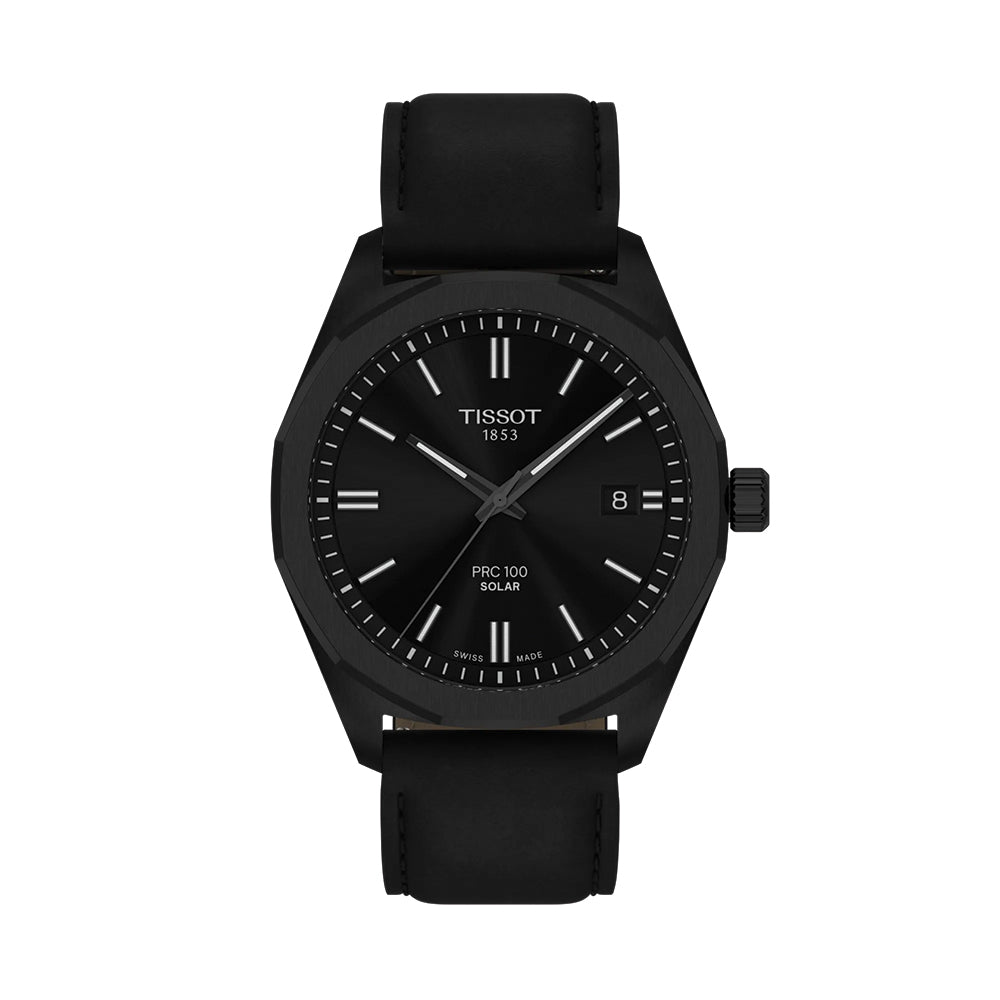 Tissot PRC 100 Solar Quartz 39mm - Black on Leather Strap T1514223605100 - front view