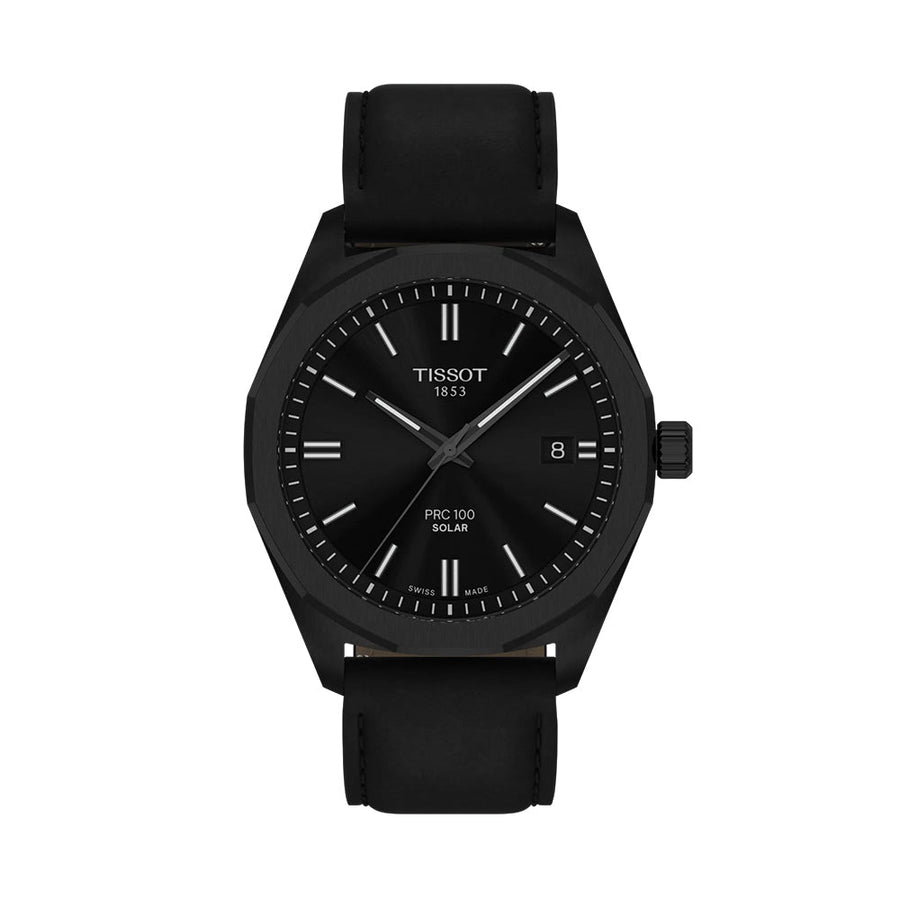 Tissot PRC 100 Solar Quartz 39mm - Black on Leather Strap T1514223605100 - front view