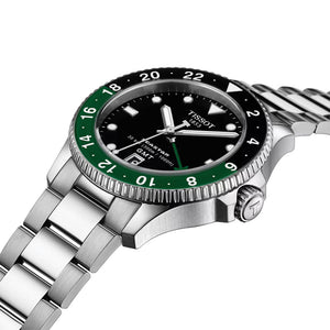 Tissot Seastar 1000 GMT Quartz 40mm - Black w/ Green/Black Bezel on Bracelet T1208521105100 - three-quarter view