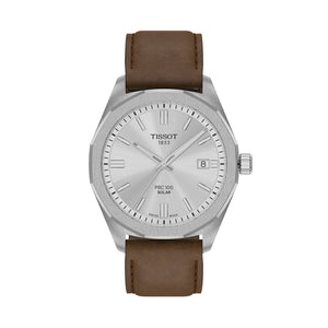 Tissot PRC 100 Solar Quartz 39mm - Silver on Leather Strap T1514221603100 - front view