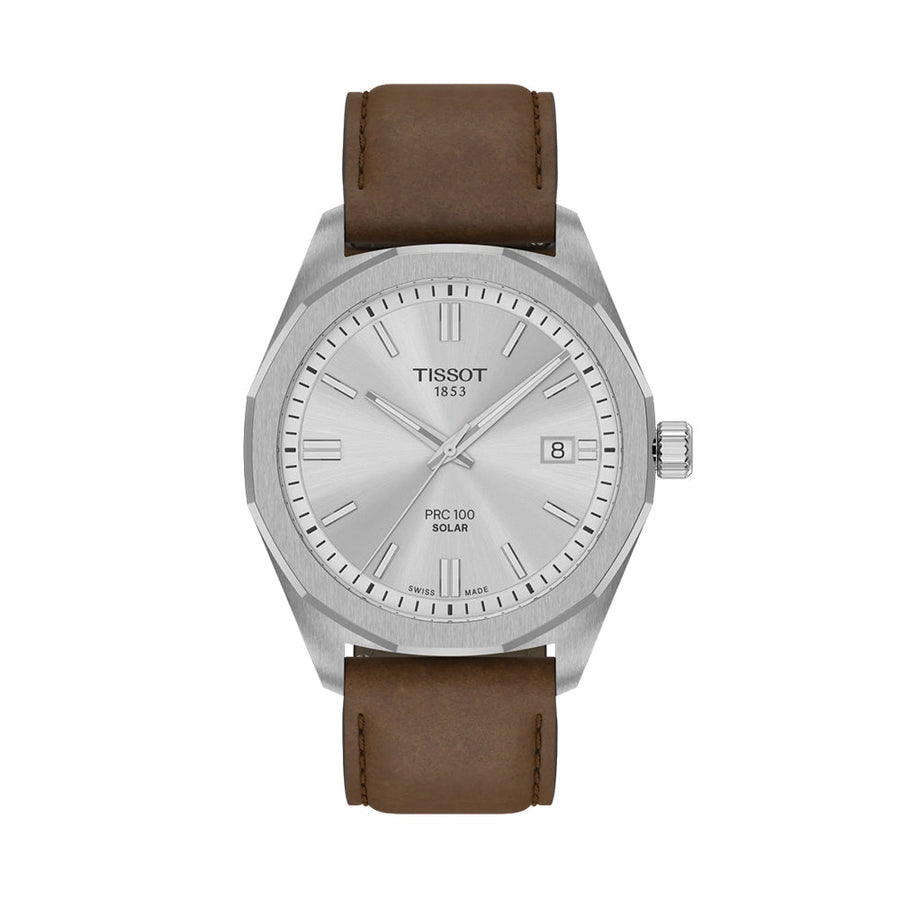 Tissot PRC 100 Solar Quartz 39mm - Silver on Leather Strap T1514221603100 - front view