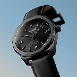 Tissot PRC 100 Solar Quartz 39mm - Black on Leather Strap T1514223605100 - three-quarter view