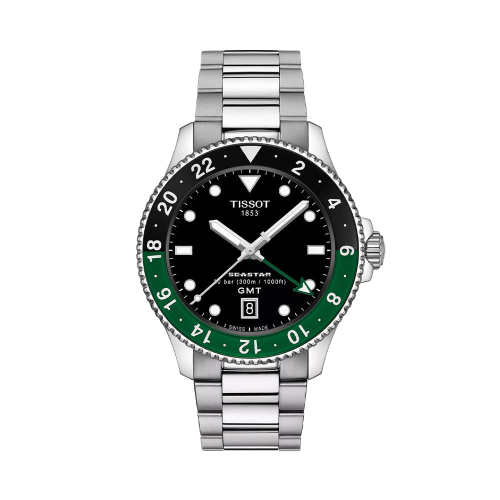 Tissot Seastar 1000 GMT Quartz 40mm - Black w/ Green/Black Bezel on Bracelet T1208521105100 - front view