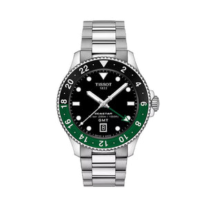 Tissot Seastar 1000 GMT Quartz 40mm - Black w/ Green/Black Bezel on Bracelet T1208521105100 - front view