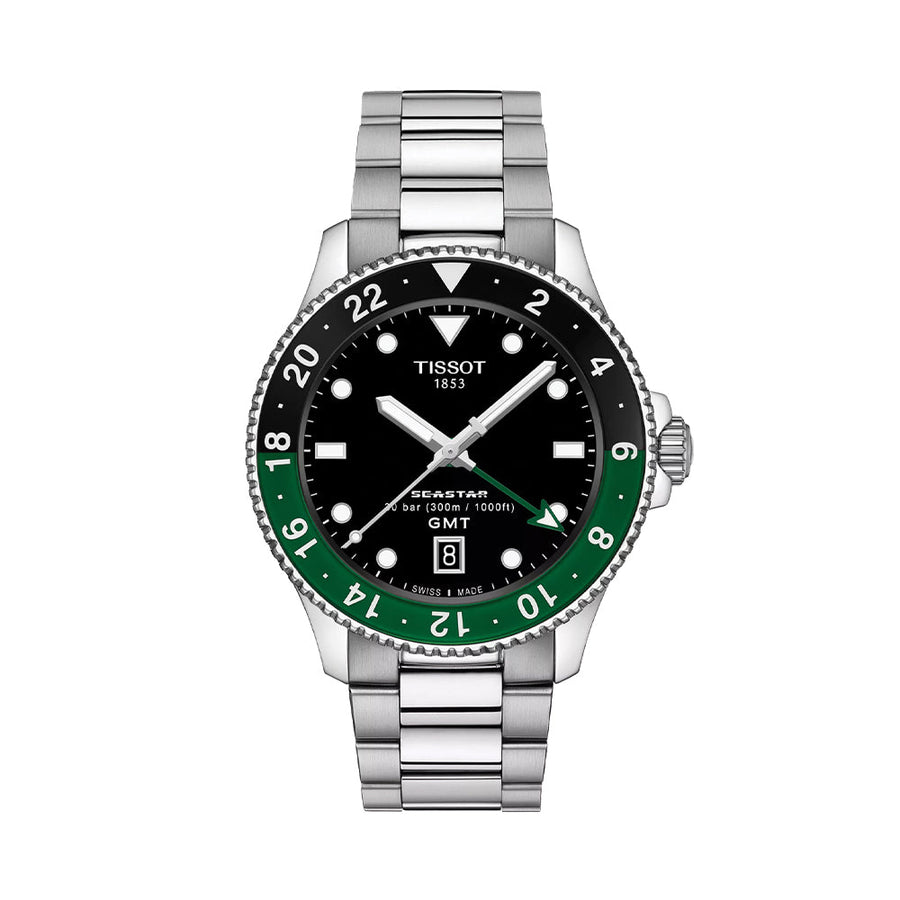 Tissot Seastar 1000 GMT Quartz 40mm - Black w/ Green/Black Bezel on Bracelet T1208521105100 - front view