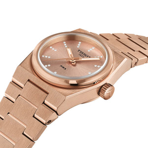 Tissot PRX Quartz PVD Coated Rose Gold w/ Diamonds 25mm - Pink on Bracelet T1370103350600 - three-quarter view